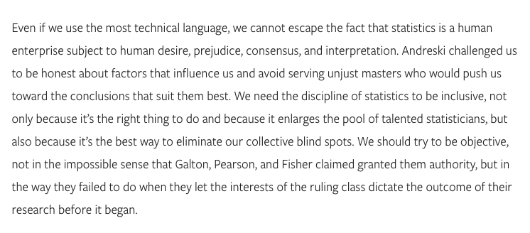 Aubrey also makes some important points about the importance of recognizing our biases: as he puts it, “statistics is a human enterprise”. I agree!! We need statistics to be an inclusive field. Let's keep working to make it happen.6/