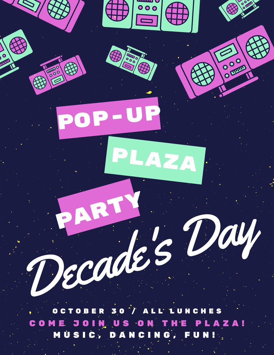 Hey gryphons!! Join on the Plaza tomorrow for a fun end to our Spirit Week! We will be on the plaza with decade themed music during all lunches! 🥳🎤💃🕺