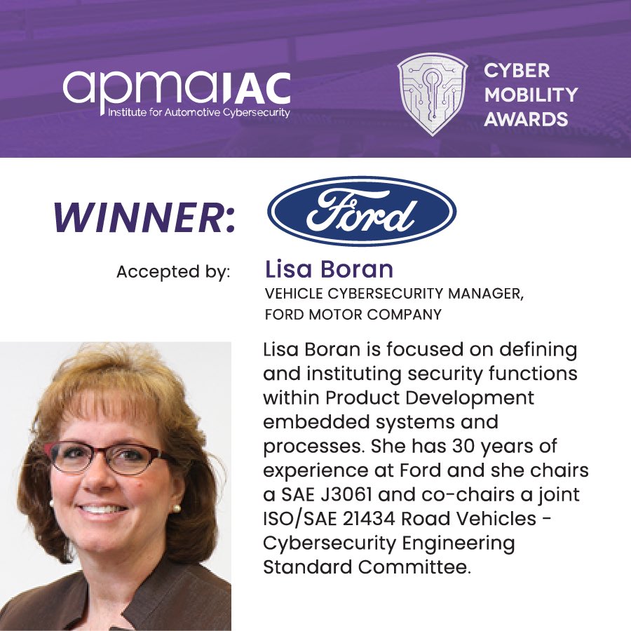 APMACanada's tweet photo. As #CybersecurityAwarenessMonth comes to a close, APMA's Institute for #Automotive #Cybersecurity presents the 1st Annual #CyberMobilityAwards.
OEM CYBER ACHIEVEMENT is awarded to @Ford, accepted by Lisa Boran.
Visit https://t.co/wiDjHM9J9R for more details. https://t.co/DlMaAY9qj8