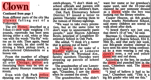 If you hate clowns, a gift: Exactly 29 years ago, grade schools across the area were roiling with rumors of a man dressed as Damon Wayans' "Homey the Clown," attempting to kidnap children. I know this because it was the talk of the Cook School playground in Auburn Gresham.