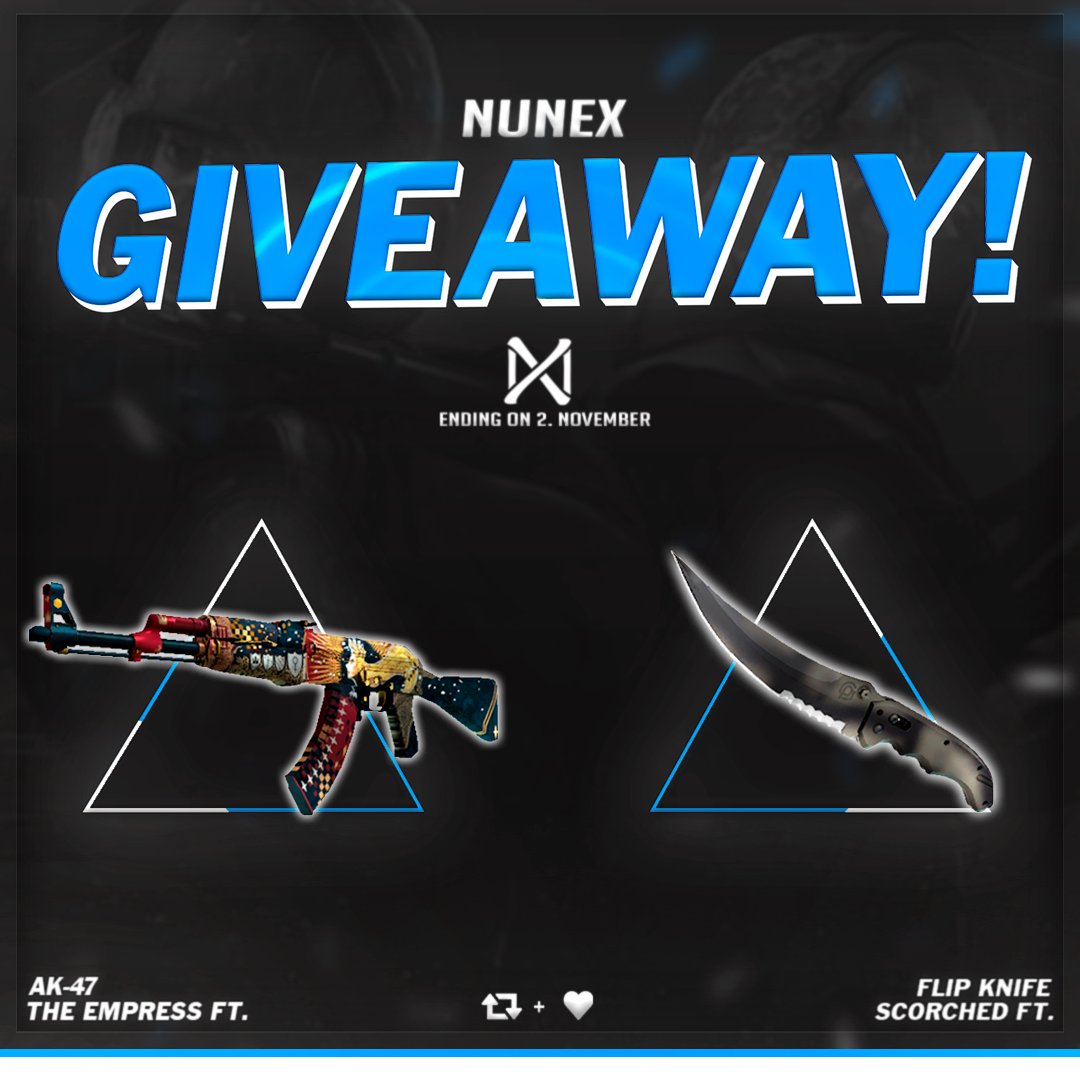 🔥Nunex &amp; SEBM1337's GIVEAWAY🔥

🗡️1st: Flip Knife | Scorched (FT)
🔫2nd: AK-47 | The Empress (FT)

Requirements to enter
➡️Follow me &amp; <a href="/SEBM1337/">CODE SEBM</a> on Twitter
➡️Follow LordSeitzberg &amp; SEBM1337 on Instagram
➡️Tag a friend (Get's 2nd Prize)
🔁Retweet this post!

Winner found Nov 2nd!