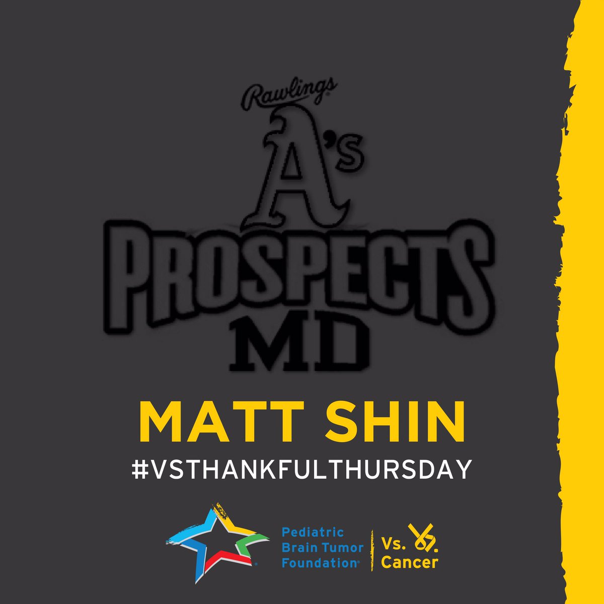 #VsThankfulThursday A postponed #youthbaseball season didn’t stop <a href="/RawlingsAsMD/">RawlingsProspectsMD</a> from supporting <a href="/PBTF/">Pediatric Brain Tumor Foundation</a>’s #vscancer! Spearheaded by Dir. of Player Development Matt Shin, they’ve exceeded &amp; raised their fundraising goal. Thanks to Matt, the team &amp; their families! #ThankfulThursday