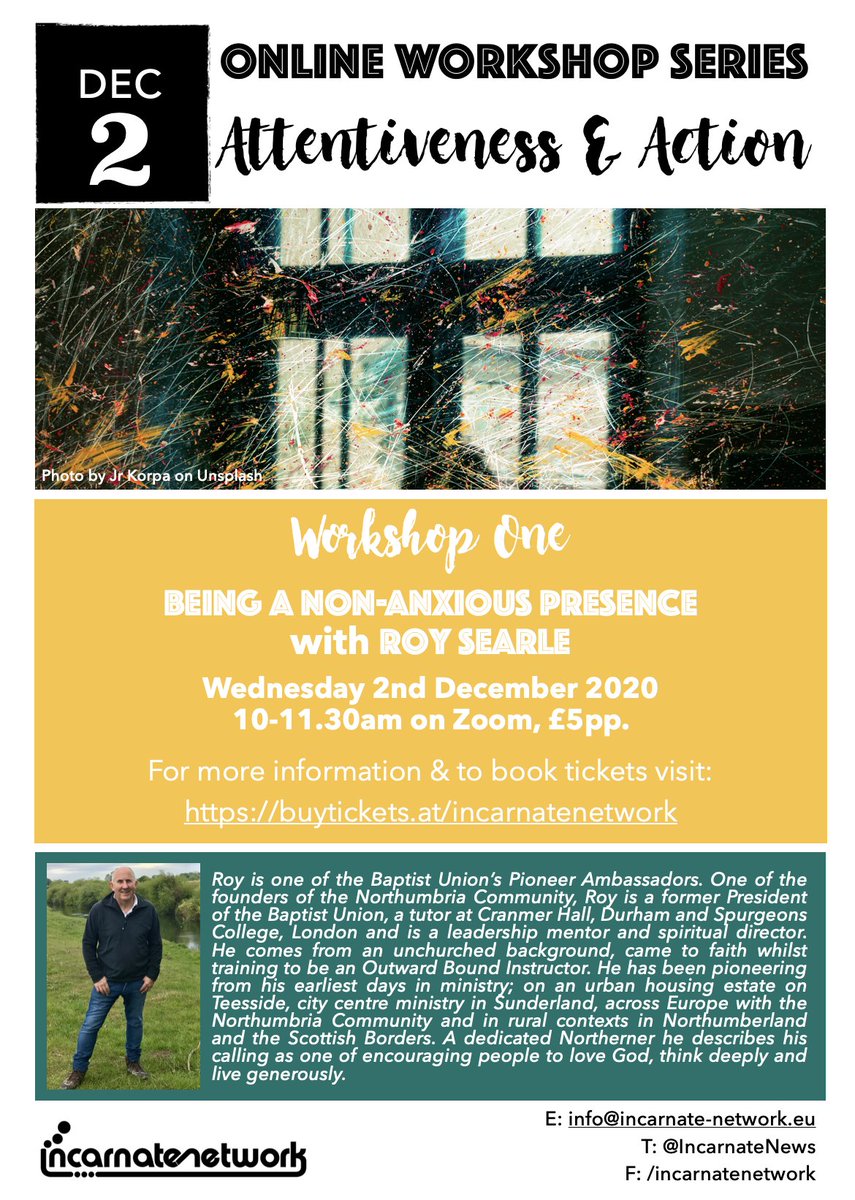 We're looking forward to welcoming <a href="/northumbrianroy/">RoySearle</a> to help us think about Being a Non-Anxious Presence.
Wednesday 2nd Dec, 10-11.30am. More info and tickets here: buytickets.at/incarnatenetwo…
