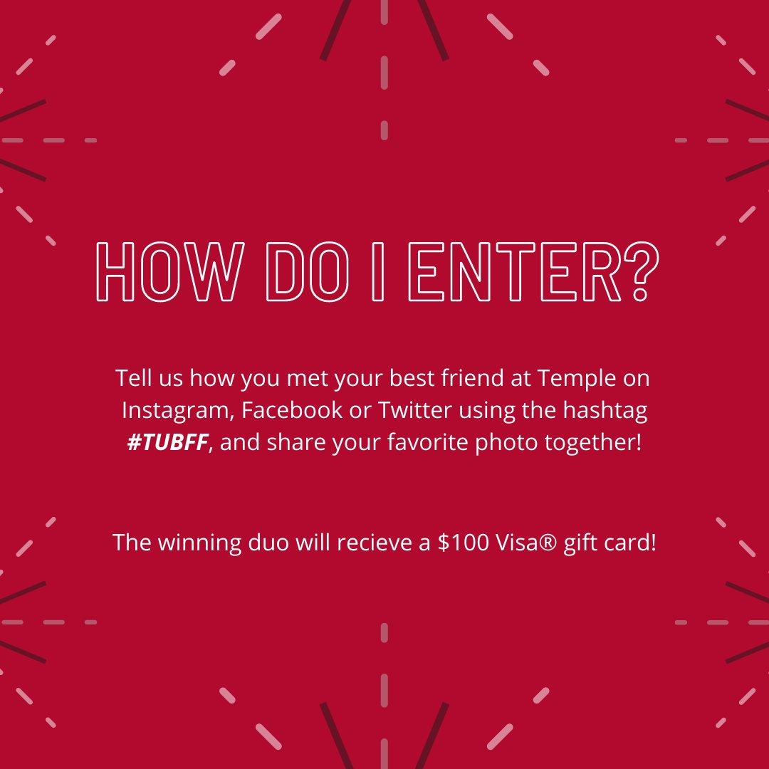 TempleUniv's tweet photo. So many of us have made lifelong connections at Temple. @TempleTV is celebrating that with their "How I Met My #TUBFF" contest. ❤
Share a post on Facebook, Twitter or Instagram with the hashtag #TUBFF about how you met your Temple BFF for a chance to win a $100 Visa® gift card! https://t.co/P9N9AEDSMc