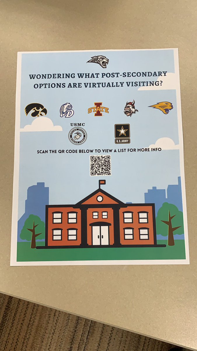 ACHScounselors's tweet photo. Hey Parents and Students! Do you want to know what Universities, Colleges, and Military Branches are visiting Centennial virtually?Check out this QR Code and you can see who is coming! These are also posted throughout the building! @ankeny_jaguars https://t.co/XQG7sCqnVd