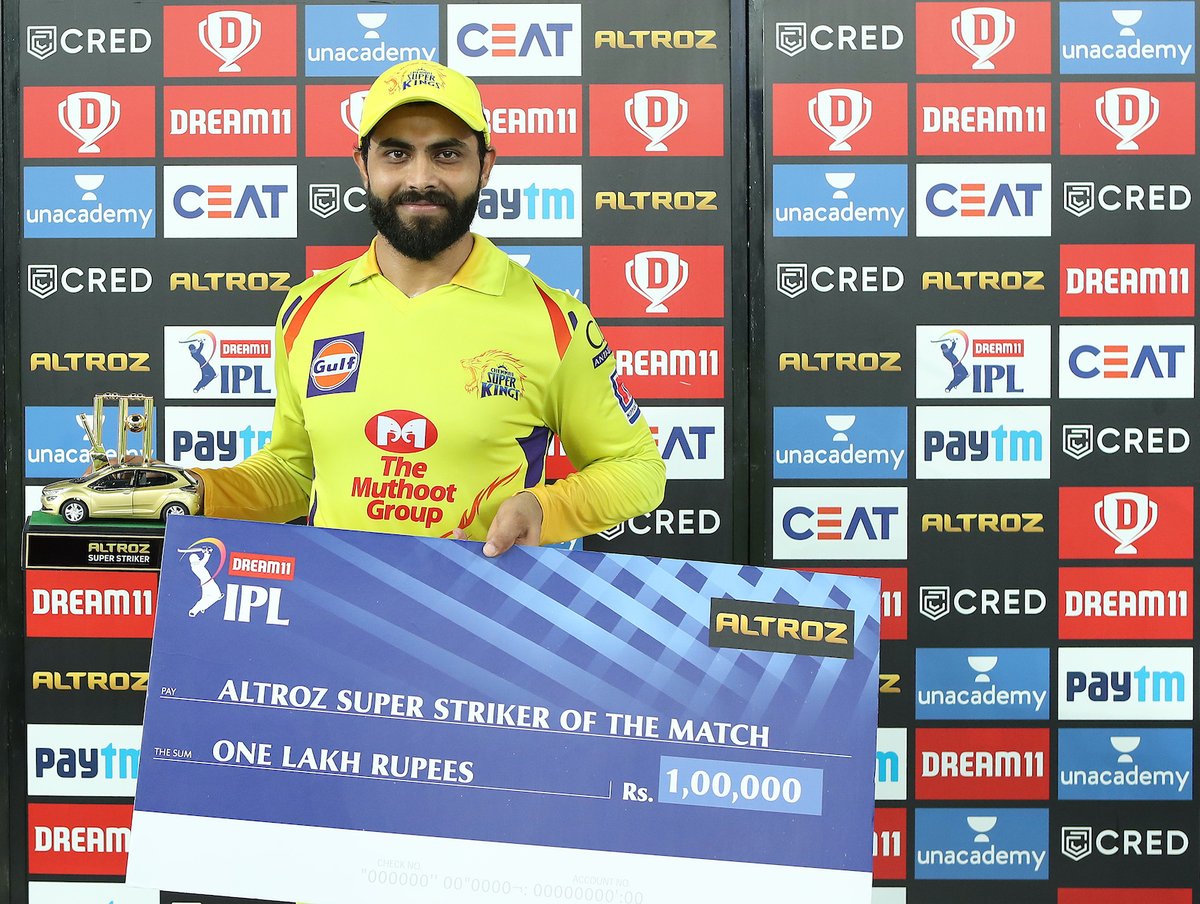 IPL's tweet photo. Altroz Super Striker of Match 49 between @ChennaiIPL and @KKRiders is Ravindra Jadeja. 

@TataMotors_Cars #AltrozSuperStriker #Dream11IPL https://t.co/eykyeRnCRC