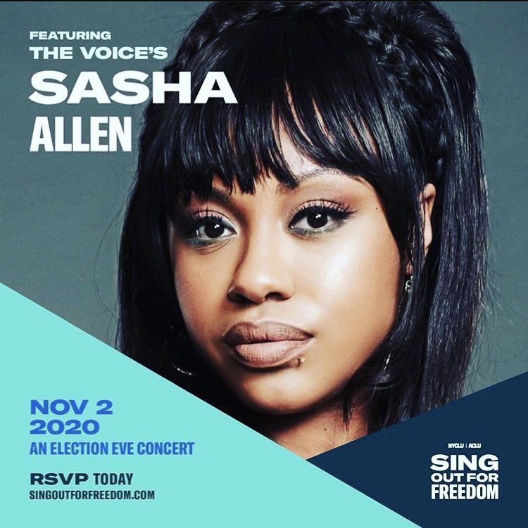 JAllenEducator's tweet image. What are you doing Election Eve?
Sasha Allen will be performing/speaking in the @singoutnyclu benefit concert this year! @NYCLU and @ACLU on 11/2 at 6:30pm ET for a night of music and hope. Follow @singoutNYCLU and RSVP today at the link in bio. #LetFreedomSing