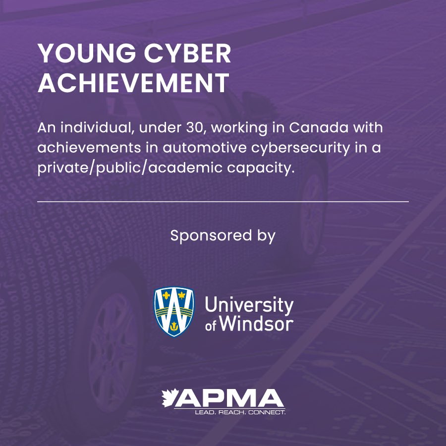 APMACanada's tweet photo. As #CybersecurityAwarenessMonth comes to a close, APMA's Institute for #Automotive #Cybersecurity presents the 1st Annual #CyberMobilityAwards.
YOUNG CYBER ACHIEVEMENT is awarded to
@NoahFCampbell from @weecdev/@WEtechAlliance.
Visit https://t.co/9UTOnWXT6r for more details. https://t.co/bXrpX78soD