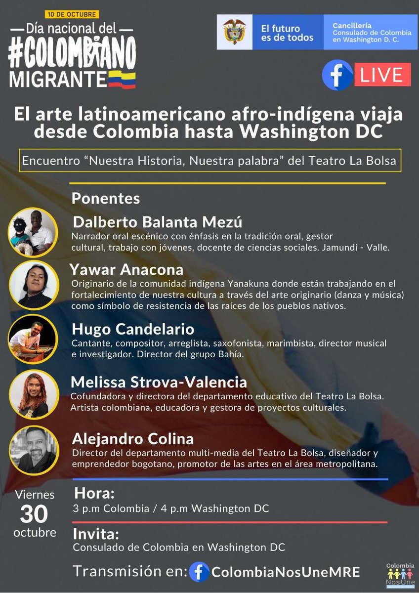 El arte Latinoamericano afro- indígena este Viernes 30 de octubre 3pm Hora Colombia #Colombianosune