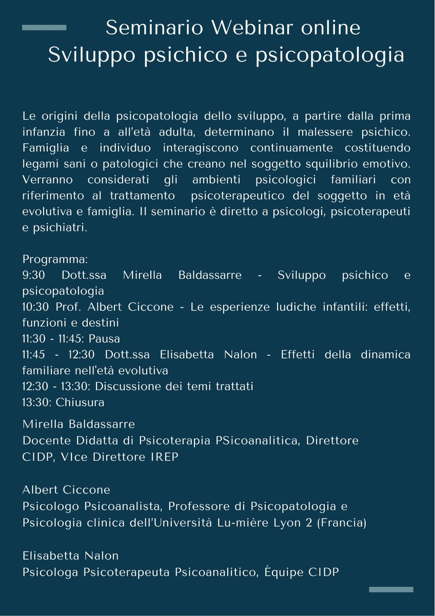 Sabato 31 Ottobre webinar "Sviluppo Psichico e Psicopatologia". Info e prenotazioni: formazione@centroclinicocidp.com
#CIDP #Psicopatologia #psicologia #psicoanalisi #seminario