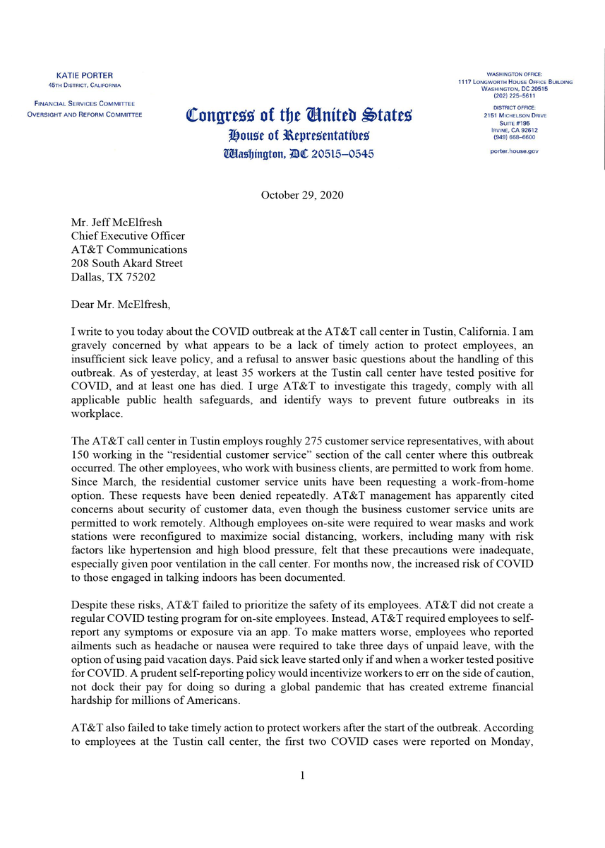 TeamKatiePorter's tweet photo. Since March, 150 Orange County workers have been urging @ATT to let them work from home. The company has yet to oblige—or even create a regular on-site testing program—despite a COVID-19 outbreak that’s led to 35 cases and one death.

I’m demanding answers from the CEO directly. https://t.co/ZaDT0L58gR
