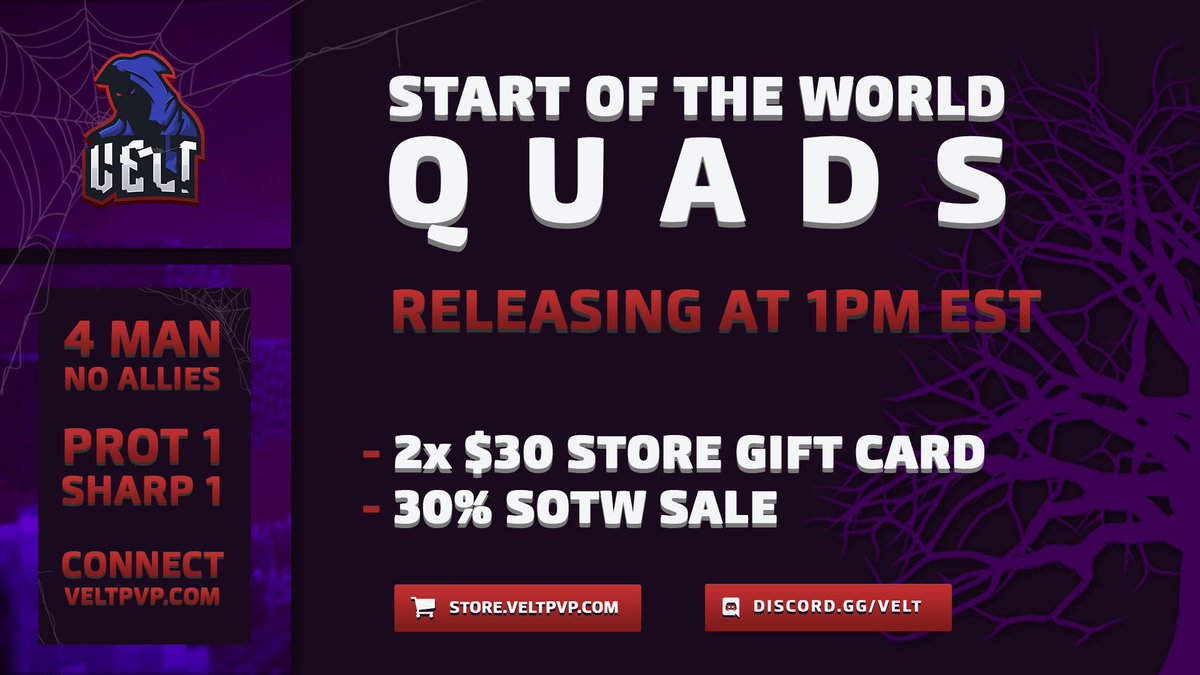 VeltPvP's tweet image. VeltPvP | QuadsHCF 💥

• Quads SOTW is this Saturday @ 1PM EST

★ New Features:
➥ New Ability Item
➥ New VIP Perks
➥ Smither
➥ And more

More Info:
📰 veltpvp.com/thread/2404/Qu…

We're giving away the following:

🎁 2x $30 Store Gift Cards

❤️, 🔄 and follow us to enter!