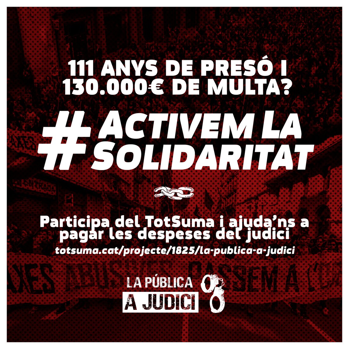 🔴 #ActivemLaSolidaritat 🔴

⛓️ 13 estudiants ens enfrontem a 111 anys de presó i 130.000€ de multa per defensar la rebaixa del 30% de les taxes universitàries. 

📢 Participa del @Tot_Suma i ajuda'ns a fer front a les despeses judicials!

👉totsuma.cat/projecte/1825/…👈