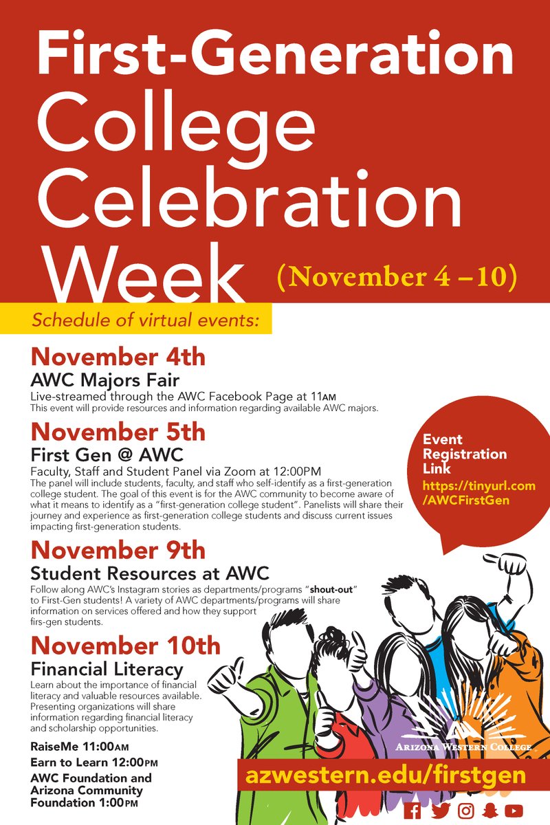 ArizonaWestern's tweet image. Join us in the national First-Generation College Student Celebration! This year, our celebration is expanding to a week-long virtual celebration. We hope you join us! 

Visit azwestern.edu/firstgen for details! #ArizonaWestern #FirstGen #IAmFirstGen