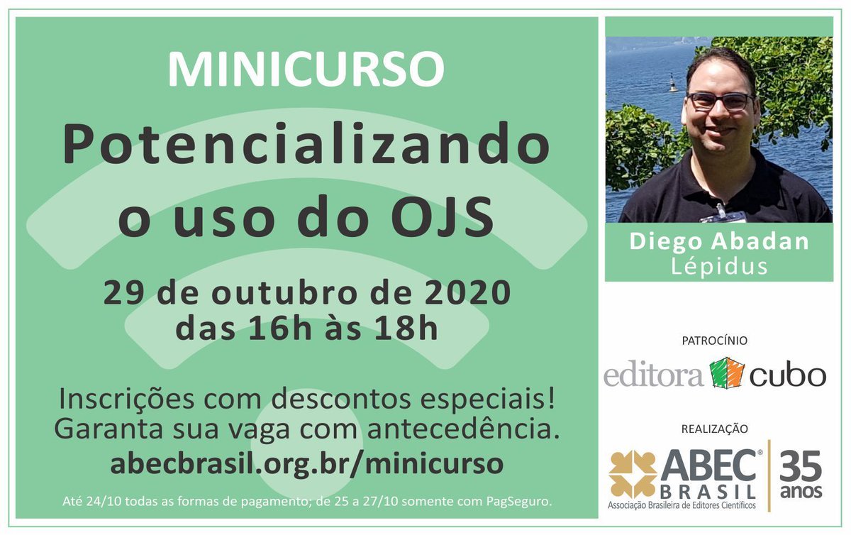 ABECBrasil's tweet photo. A ABEC Brasil inicia o minicurso virtual Potencializando o uso do OJS 3, com Diego Abadan (Lépidus).
O link da sala virtual e demais orientações podem ser acessados na plataforma https://t.co/uRaxAXFAi2
Patrocínio: Editora Cubo
#ABEC #ABECBrasil #Minicurso #OJS3 #EditoraCubo https://t.co/BJeQN27HkB