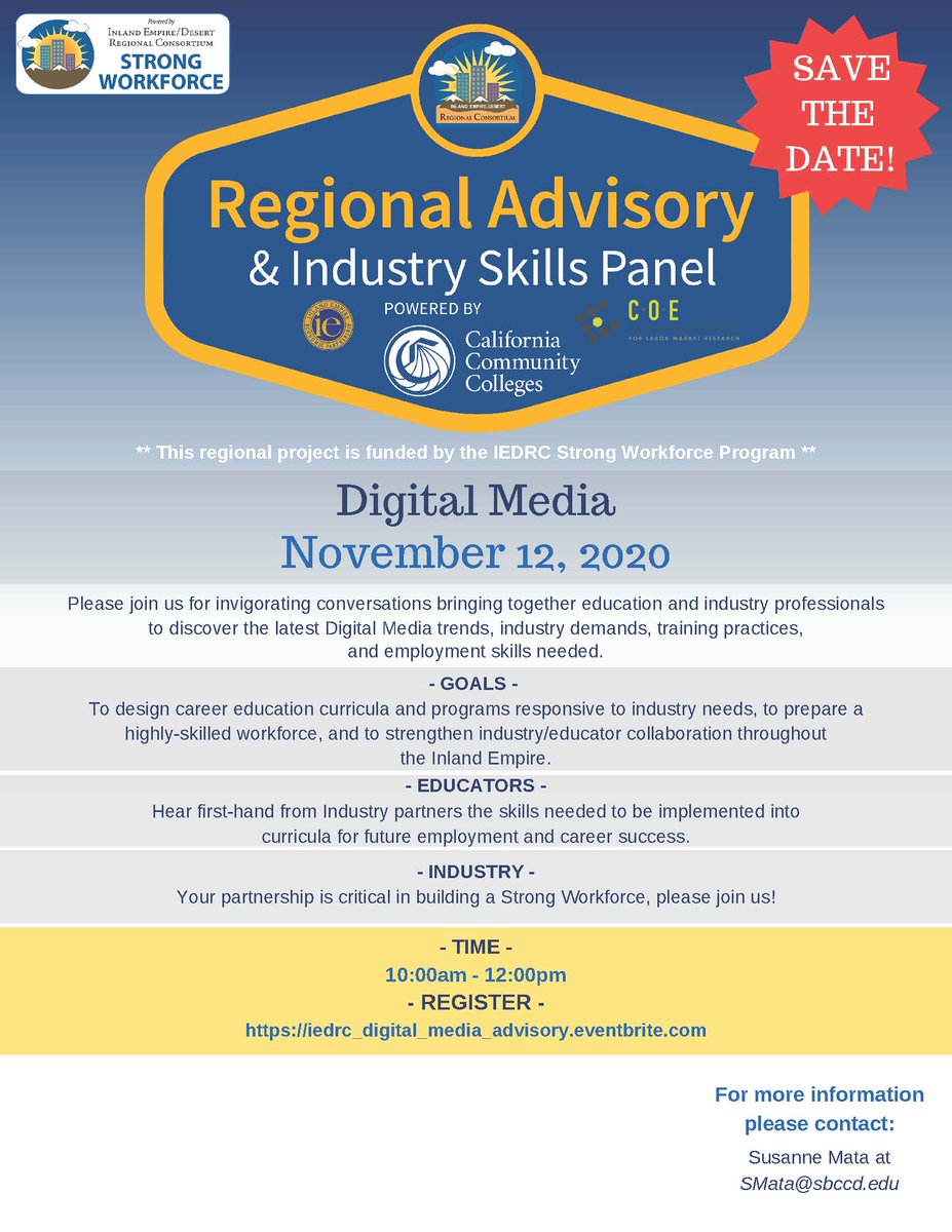 #CRYROP Join us at Digital Media Regional Advisory Nov. 12th. Shape the future workforce. Register ow.ly/1jmY30rhe9u <a href="/YCJUSTWEETS/">Yucaipa-Calimesa Joint Unified School District</a> <a href="/RedlandsUSD/">Redlands USD</a> <a href="/ColtonJUSD/">Colton Joint Unified</a> <a href="/insomniacgames/">Insomniac Games</a> <a href="/EA_DICE/">DICE</a> <a href="/SBCCDcolleges/">San Bernardino Colleges</a> <a href="/CSUSBAlumni/">CSUSB Alumni</a> <a href="/USCCinema/">USC School of Cinematic Arts</a> <a href="/UCRARTS/">UCR ARTS</a> <a href="/Activision/">Activision</a> <a href="/DisneyStudios/">Walt Disney Studios</a> <a href="/Pixar/">Pixar</a> <a href="/DSNsmata1/">ICT Smata</a>