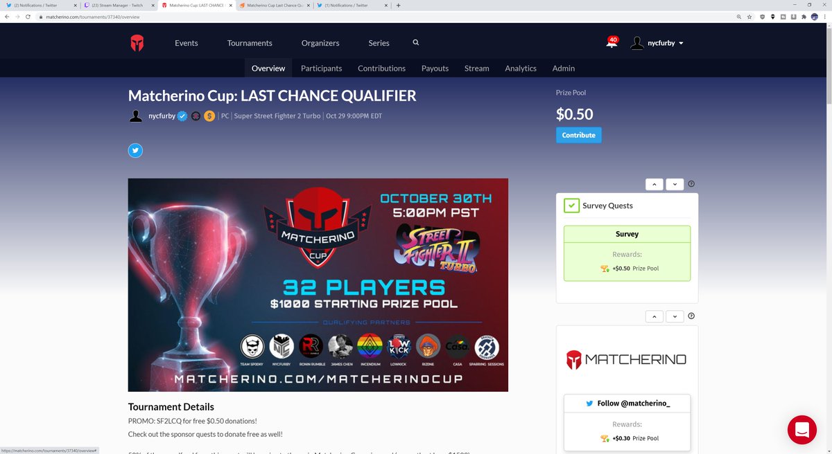 nycfurby's tweet photo. The Last Chance Qualifier for @matcherino_ Cup is now LIVE! 9PM EST T O N I G H T!
Signup: https://t.co/VCopwXepmf
Discord: https://t.co/aUDyMPhOST
Stream: https://t.co/y1h1Dd2Fe7
Check out the @matcherino_ for this event
https://t.co/BnMwrh4PsW - SF2LCQ for free $0.50 donations https://t.co/BQTrQtothW