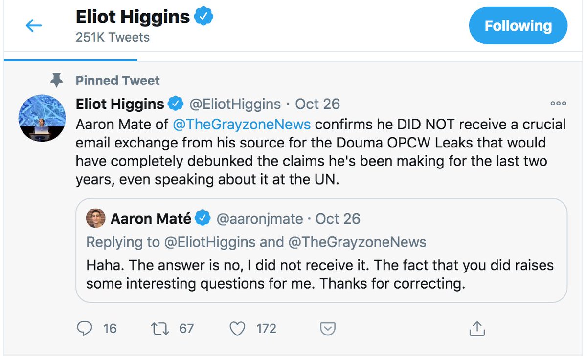 In a tweet that he decided to pin to his profile,  @EliotHiggins took glee in announcing that I never received a letter that, in reality, was never sent to anyone except for Eliot's propaganda outlet, for the purposes of spreading pro-war disinformation.  https://twitter.com/EliotHiggins/status/1320756518510338049?s=20