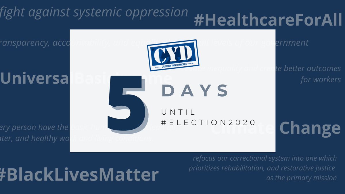 CAYoungDems's tweet photo. FIVE DAYS until #Election2020: Have you checked into our endorsements? See who aligns with our goals for the future of California. Also, we’ve endorsed Young Democrats in local races! Link: https://t.co/bQhxFt2fjb #VoteEarly https://t.co/CixCvcUgSw