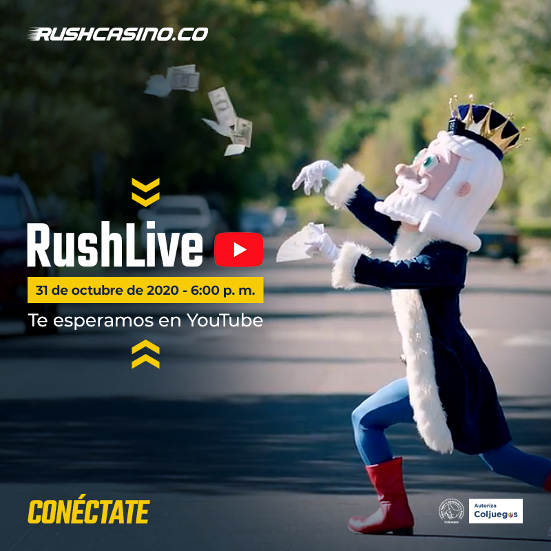 RushbetColombia's tweet photo. Conéctate a nuestro #RushLive en Youtube, este sábado a las 6:00 p. m. para tener #Más Formas De Ganar. Para quienes se diviertan con nosotros, tendremos promociones, el concurso de Halloween 🎃 y la final del Torneo Rey Billegas. Te esperamos: https://t.co/rjZ4XRXlHl 🤪 https://t.co/Rbh0jDZu4S