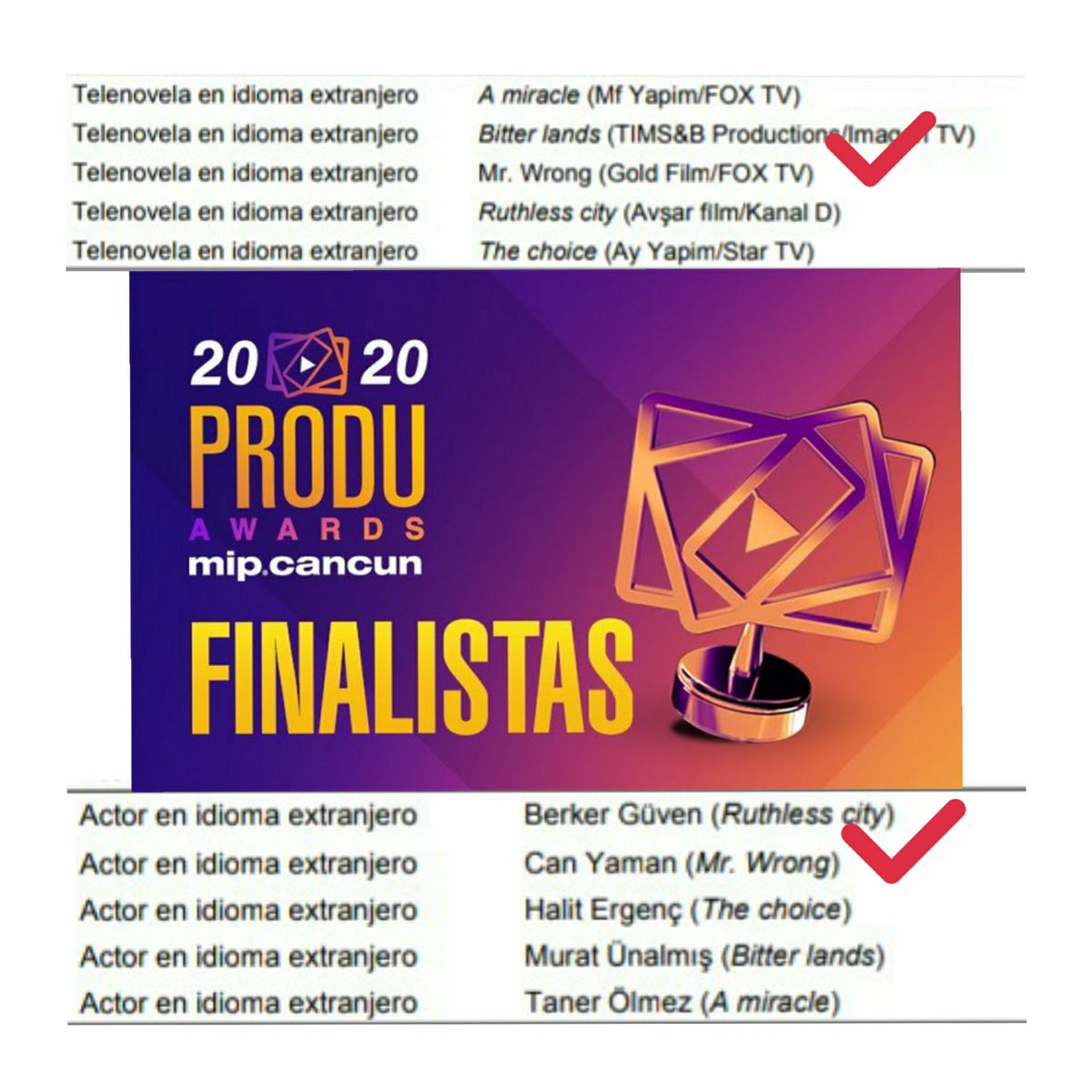 Aydan's tweet - " #PRODUAwards2020 final adaylarını açıkladı! En İyi Yabancı Dizi - Bay Yanlış En İyi Yabancı Erkek Oyuncu - Can Yaman PRODU Awards Ödülleri Galası 2- 3 Aralık'ta canlı bir