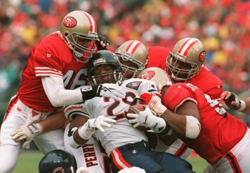 In the divisional round of the playoffs, the  #49ers hosted the  #DaBears   at Candlestick. Wearing the red throwbacks, the Niners easily beat Chicago to set up a NFC Championship Game rematch with the  #Cowboys. Continue thread.