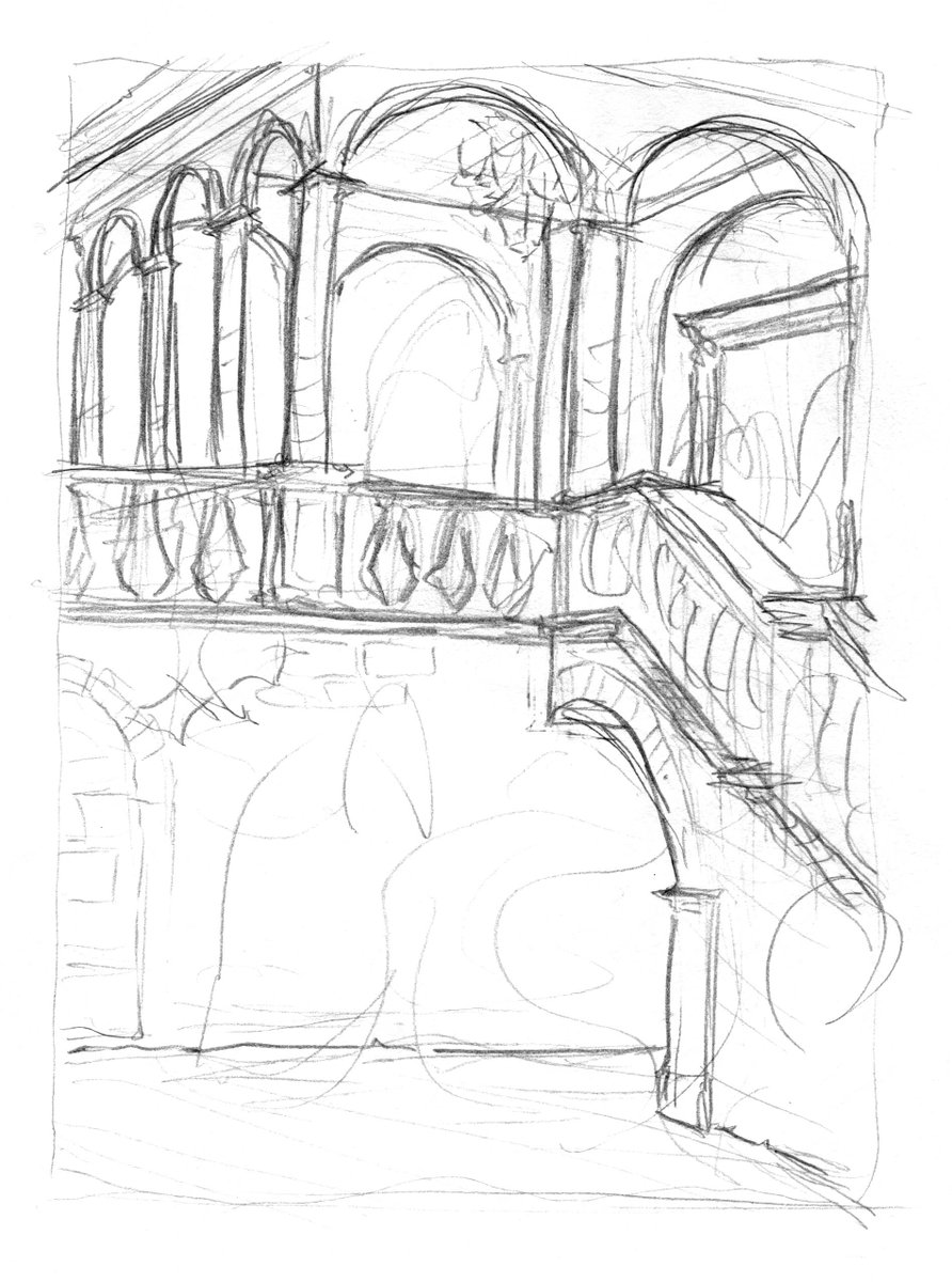 Working on a monster masquerade scene for my final Drawlloween piece - and it's a crowd scene with architecture. What was I thinking ? 