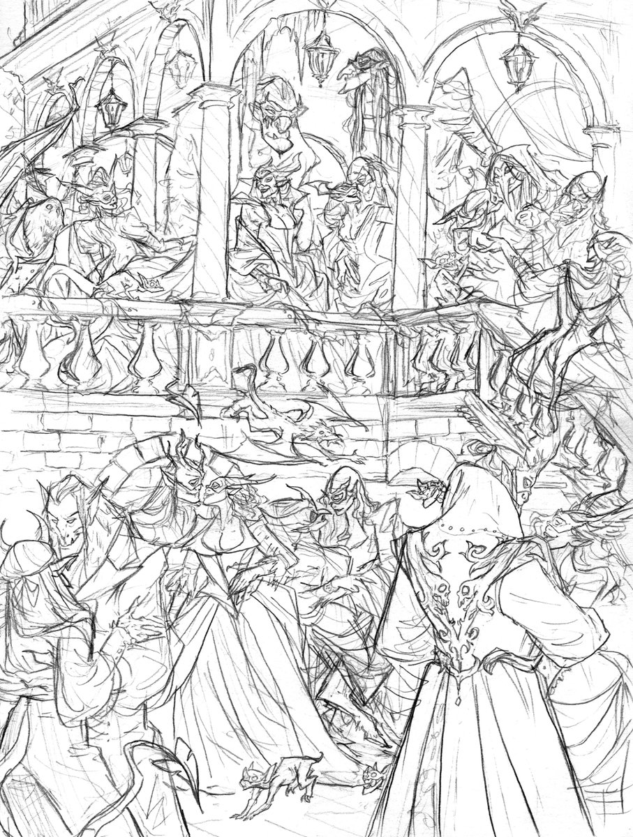 Working on a monster masquerade scene for my final Drawlloween piece - and it's a crowd scene with architecture. What was I thinking ? 