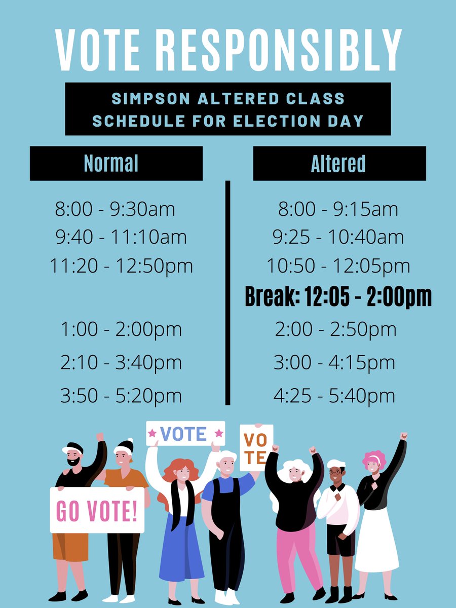 There will be an altered class schedule for Election Day this coming Tuesday. Here is a copy of the schedule in case you missed it!