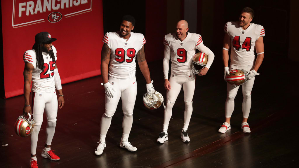 In 2018 during the  #49ers' "State of the Franchise" event, SF re-introduces the 1955/1994 white throwback uniforms as part of the team's rotation. To coincide with the  #NFL  's Color Rush initiative, this uniform is paired with white socks.Continue thread.