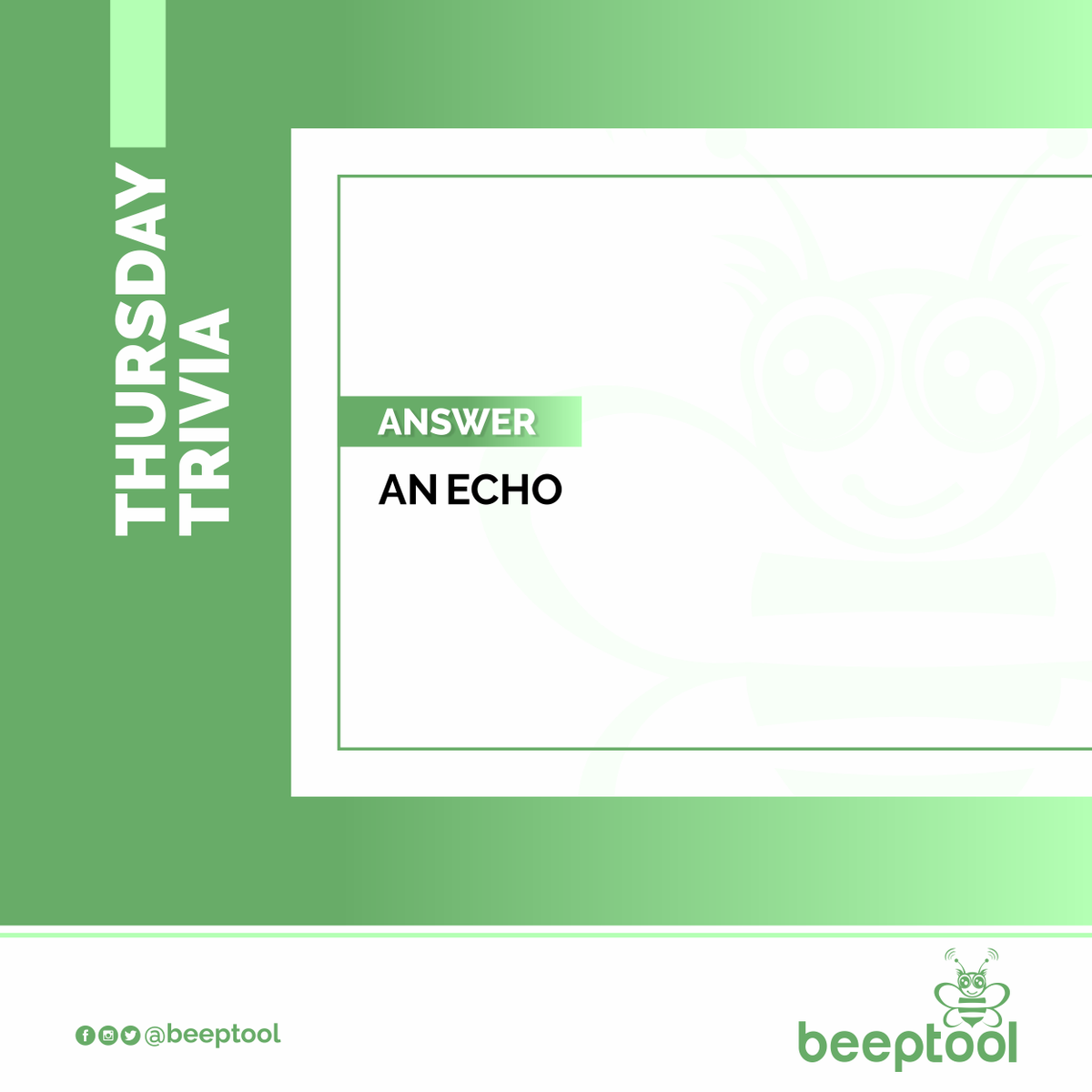 Beeptool's tweet photo. #ThursdayTriviaAnswer

Answer: An echo

#ThursdayTrivia
#Thursday 
#Trivia
#Riddle 
#ThursdayMood 
#ThursdayMotivation 
#ThursdayFeeling 
#ThursdayFun 
#ThursdayThoughts 
#ThursdayWisdom 
#Beeptool
#RuralConnectivity
#Telecommunication https://t.co/AREP3ZXvqE