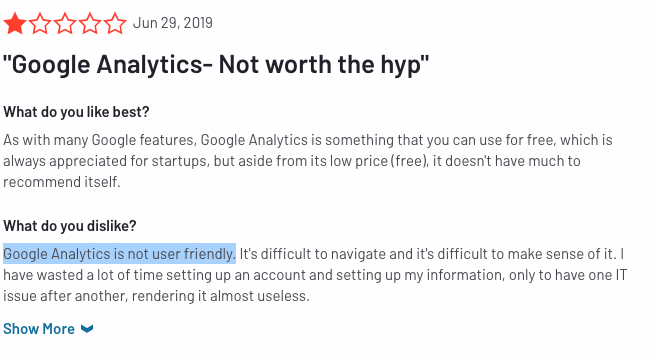 An analytics platform with top-notch UX and user onboarding (from Google Analytics review page)