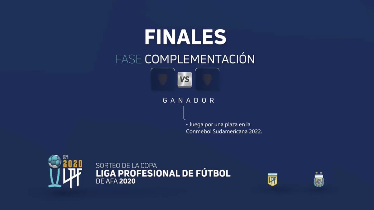 FINAL FASE COMPLEMENTACIÓNLa jugarán los dos ganadores de cada zona de esta fase, a un solo partido, en cancha neutral. El ganador de este partido tendrá la posibilidad de jugar ante el perdedor de la Final de la Fase Campeonato por un lugar en la Copa Sudamericana 2021.