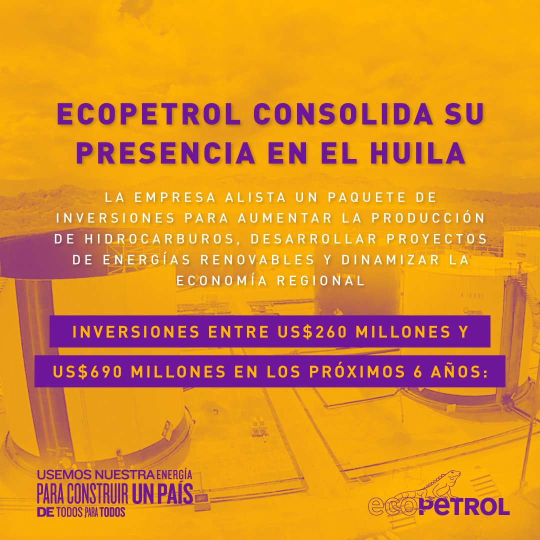 ECOPETROL_SA's tweet photo. Alineados a nuestra estrategia de ser aliado de la región huilense y encaminados a la transición energética del país, contemplamos un plan de inversión entre US$260 millones y US$690 millones que se destinará al crecimiento social, ambiental y de producción.
Conócelo aquí: https://t.co/UcbACF4Q6T