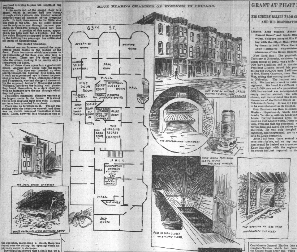 The murder castle deserves a little more detail. Imagine a large three story with stores on the front and numerous rooms on top. But not just any rooms: Some were soundproof; some had gas vents to silently slay guests. Some had chutes to the basement for easy disposal.