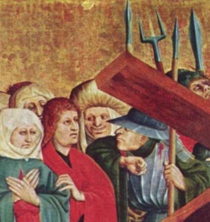 But we also start to see ugly, caricatured Jewish women. They now look similar to men, & now also embody Jewish carnality. See the leering, grimacing, hook-nosed woman in this 1437 Calvary scene.