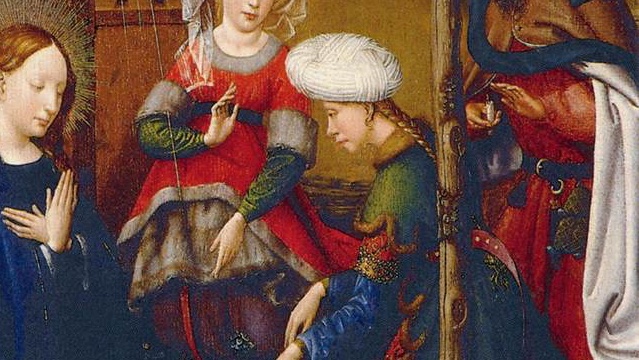 But exotic in a dangerous way! These luxurious Jewish women w/turban, braids, earrings embody the temptations of Judaism or the qualities associated w/it (in Xian thought): secularism, materialism. They are thus forerunners of Orientalist Jewess. Here: Mary's skeptical midwife.