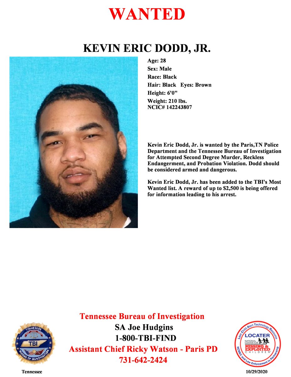 For a printable poster, visit  https://www.tn.gov/tbi/tbis-top-10-most-wanted.htmlIf you have seen Kevin Eric Dodd Jr. or know where he is call 1-800-TBI-FIND.