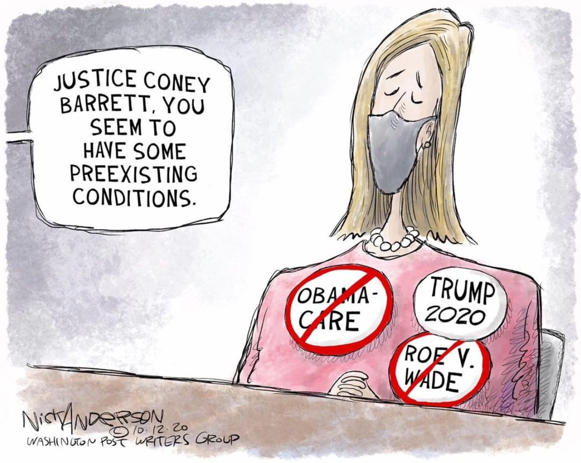 CtznImpchmt2020's tweet photo. By nominating Amy Coney Barrett, Trump has made it clear that he does not care about your right to choose, your right to affordable healthcare, and the human rights of the LGTBQ+ community. Vote in people who care. 
 #CitizenImpeachment2020 

#repost @andertoon
#votehimout https://t.co/W5zy1ouY9G