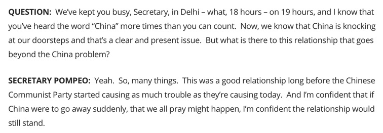 3. When  @ThePrintIndia's  @ShekharGupta asked about the significance of US-India ties apart from China, Pompeo oddly fantasized about a world where a nation of 1.4 billion people recedes into the shadows.