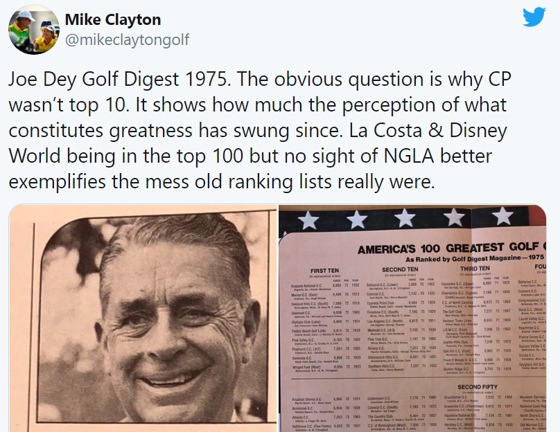 What does it say about golf that the classics dominate the list & architects that appreciate the golden age do, as well? In an age of American idiocy, this list brings me joy. As  @mikeclaytongolf pointed out, things were really bad in the 70's...