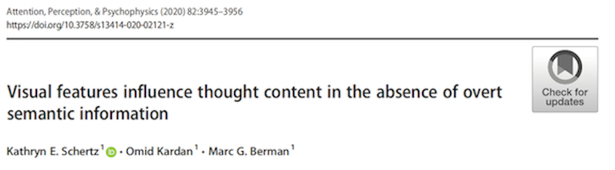 Got the new issue ToC from Attention, Perception, &amp; Psychophysics today with my own article listed! 
“Visual features influence thought content in the absence of overt semantic information” with <a href="/EnvNeuroLab/">Environmental Neuroscience Lab</a> PI Marc Berman and alum Omid Kardan.  

<a href="/SpringerPsych/">Springer Psychology</a> <a href="/Psychonomic_Soc/">Psychonomic Society</a>