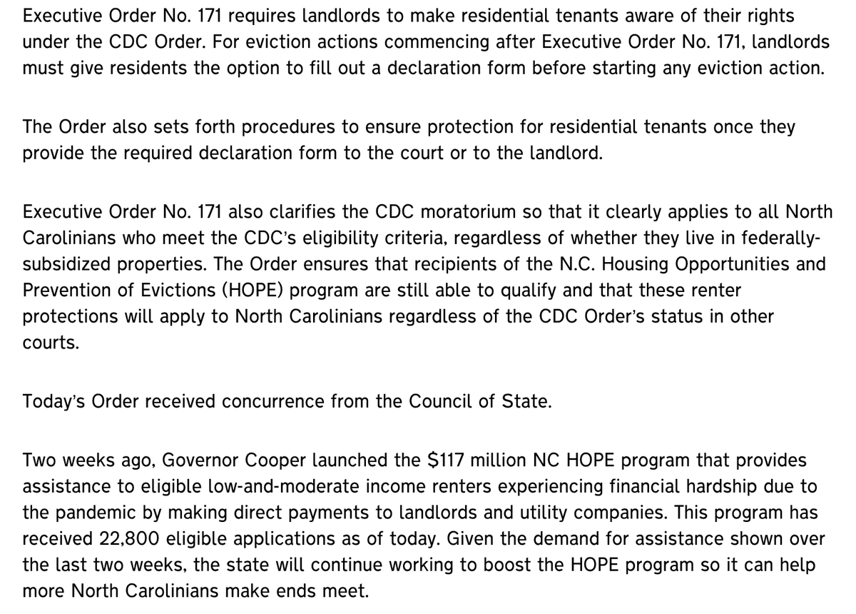RowanPolitics's tweet photo. Yesterday, Gov. Roy Cooper issued Executive Order 171 to strengthen eviction protection across the state, which is supplemental to the recently established HOPE program. Read the frequently asked questions for this order here: https://t.co/VvpzuO9zi5 

#ncpol https://t.co/5IiVX44Lpk