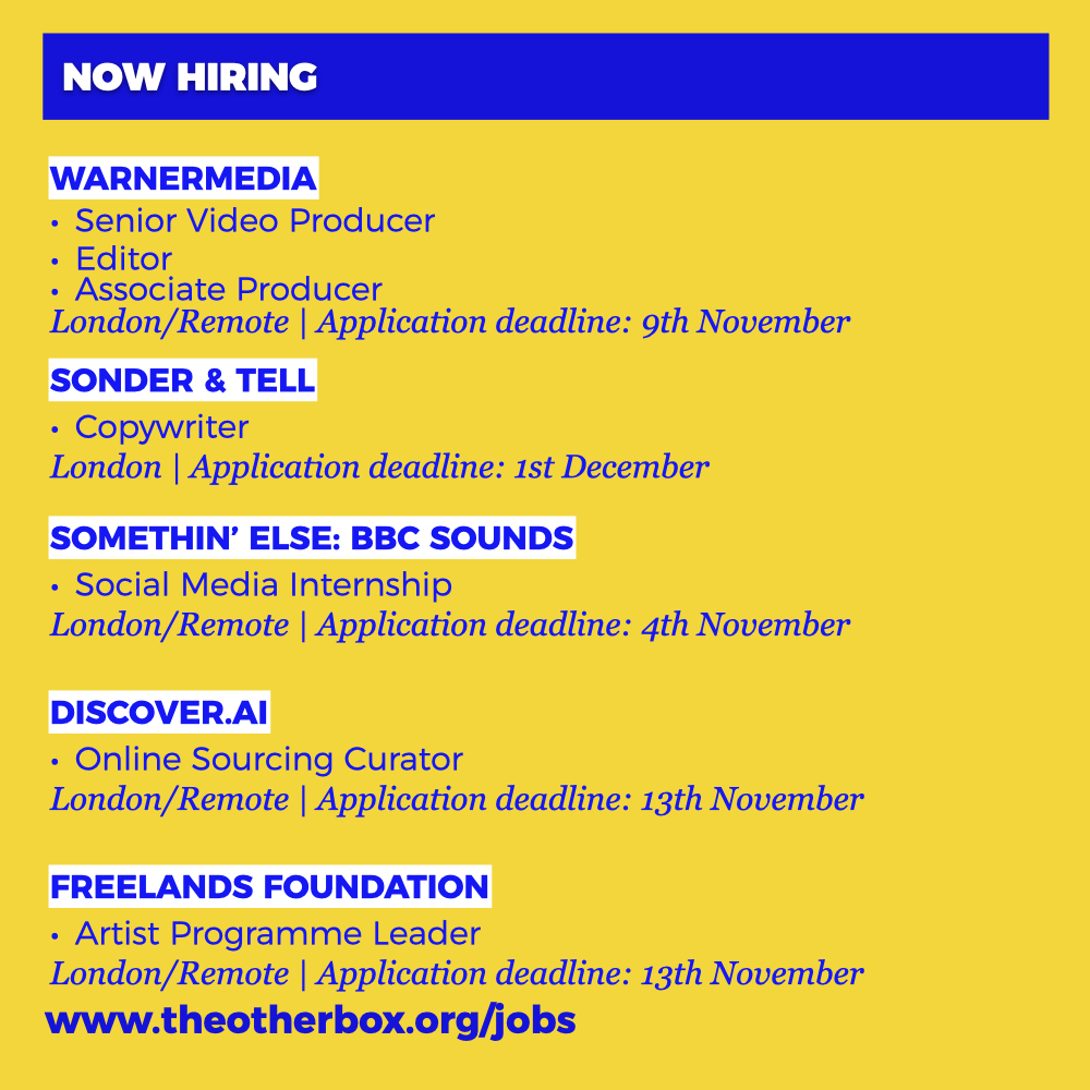 Lots of creative roles at  @WarnerMedia/ @WMUKCareers, Sonder & Tell,  @SomethinElse  @BBCSounds,  @ai_discover and the  @FreelandsF. #TOBjobs  #NowHiring  #CreativeJobs  #LondonJobs