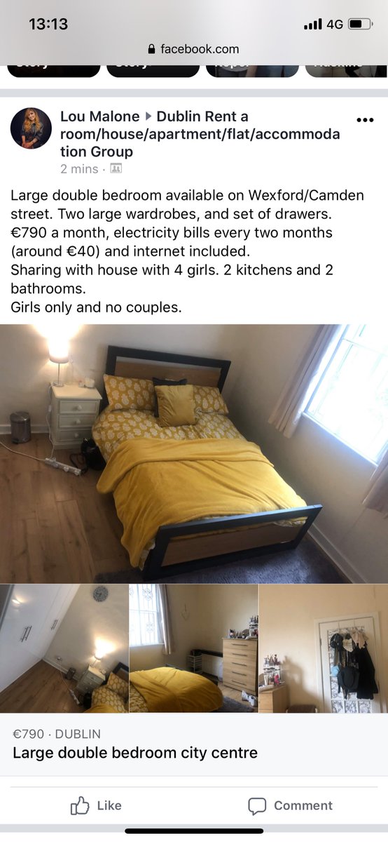 Double room Camden street, €790 a month available immediately ❤️ Sharing with 4 lovely girls!! Avail to girls only, bills split (cheap) every 2 months. 5 min walk to Stephens green #rentfairy #rentdublin