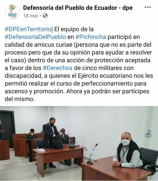 Sin_Mordaza81's tweet photo. Gratifud total a la @DEFENSORIAEC @conadisecu y personas involucradas para defender a personas con discapacidad física, que ganaron la acción de protección que presentaron contra el comandante del ejército General Luis Altamirano.
#Ecuador https://t.co/yPvPlnwleL