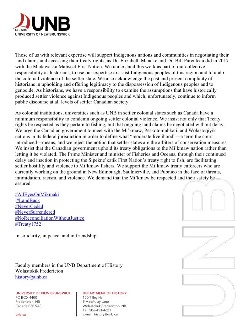 Statement of solidarity with #Mikmaw fishers from @UNB Dept of History faculty. #AllEyesOnMikmaki #1752treaty #Mikmaq #MikmaqRights #1492LandBackLane #antiracism #nspoli #LandBack #neverceded #neversurrendered #noreconcilationwithoutjustice