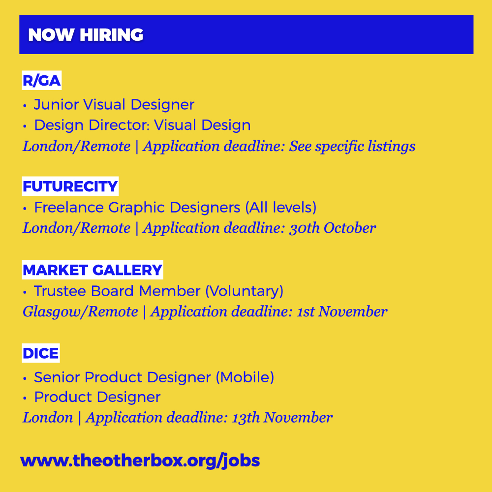 Here are some creative and tech roles at  @RGA,  @futurecityblog,  @marketgallery (based in Glasgow) and  @dicefm. #NowHiring  #TOBjobs
