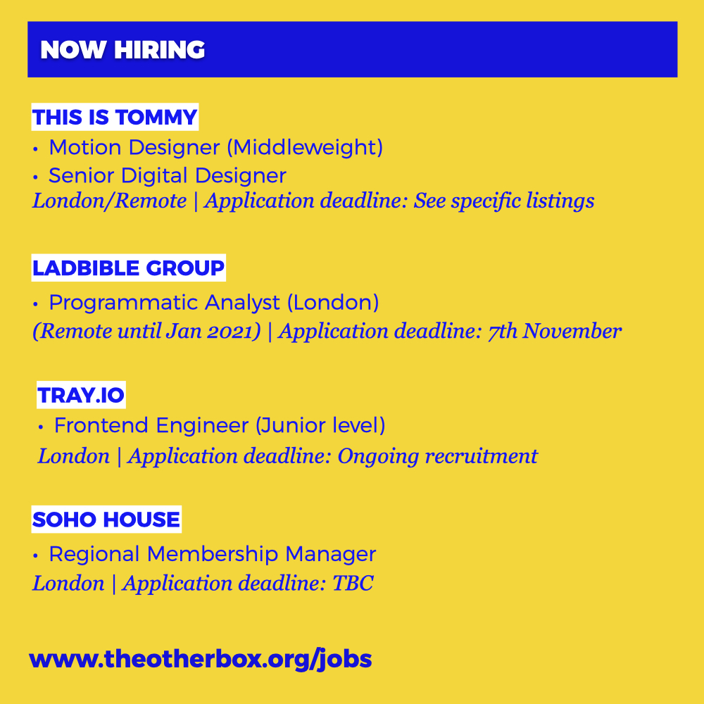 Range of creative/tech roles from  @talktotommy,  @ladbible,  @tray and  @SohoHouse. #NowHiring  #TOBjobs  #TechJobs