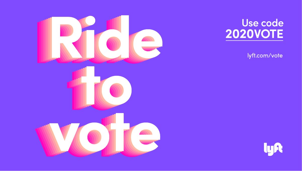 In 2016, an estimated 15 million people didn’t go to the polls in large part because of transportation. We can't let that happen again! This year @Lyft is offering rides to polling places/ballot boxes. Use code 2020VOTE for 50% off one Election Day ride! lyft.com/vote